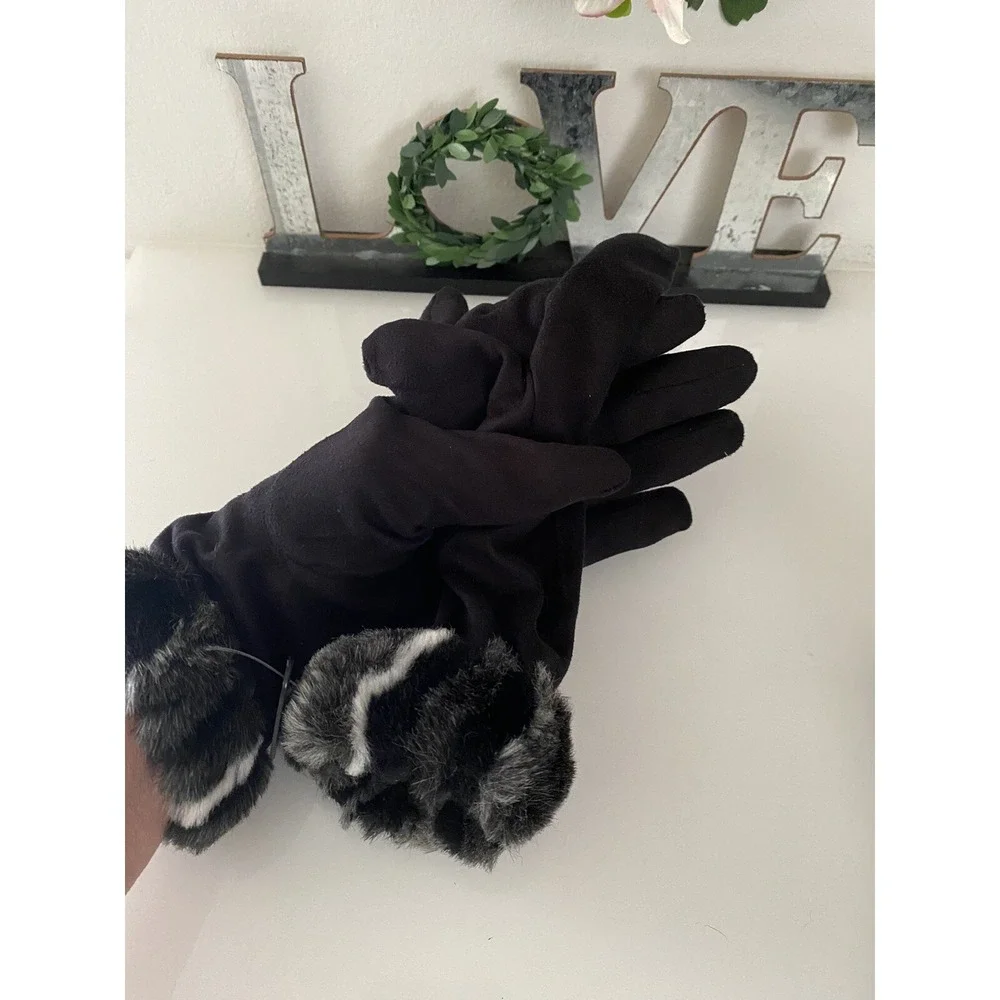 Vintage XS Women's Faux Fur Trim Gloves Winter Warm Black Gray Animal Print New